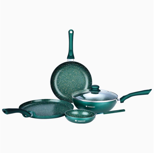 Wonderchef Royal Velvet Induction Base Aluminium Cookware Set, 5-Pieces, Olive Green